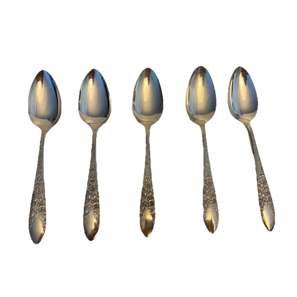 International Silver Co Silverplate ROSE AND LEAF 6” Teaspoons Set Of 5